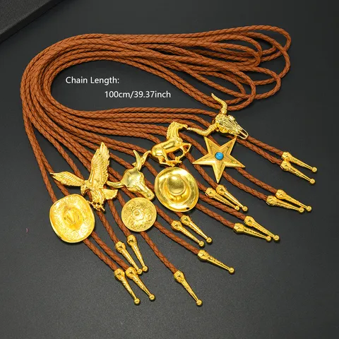 Vintage Western Cowboy Bolo Tie Alloy Metal Pendant Adjustable Braided PU Leather Rope Necklace Casual Unisex Jewelry Accessories