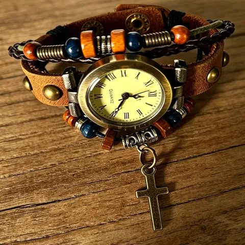 Retro Punk Cowhide Leather Bracelet Watch Roman Numeral Dial Quartz Wristwatch With Cross Pendant Metal Rivets Braided Strap Accessory For Men Women