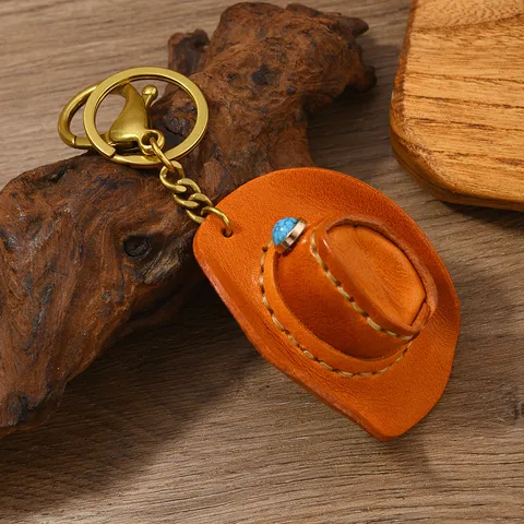 Vintage Handgemaakte Cowboyhoed Sleutelhanger Koeienhuid Leer Tas Hanger Met Imitatie Turkoois Legering Sleutelring Retro Accessoires