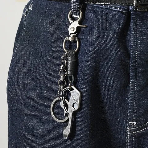 Vintage Industrial Zinc Alloy Genuine Leather Keychain Multitool Pendant Key Ring Waist Belt Chain Accessory For Men