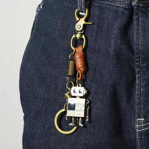 Retro Industrial Cowhide Leather Robot Keychain Hip Hop Punk Mechanical Pants Chain Pendant Antique Bronze Metal Key Ring For Men Everyday Waist Accessory