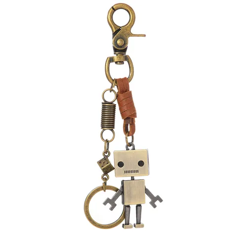 Retro Industrial Cowhide Leather Robot Keychain Hip Hop Punk Mechanical Pants Chain Pendant Antique Bronze Metal Key Ring For Men Everyday Waist Accessory