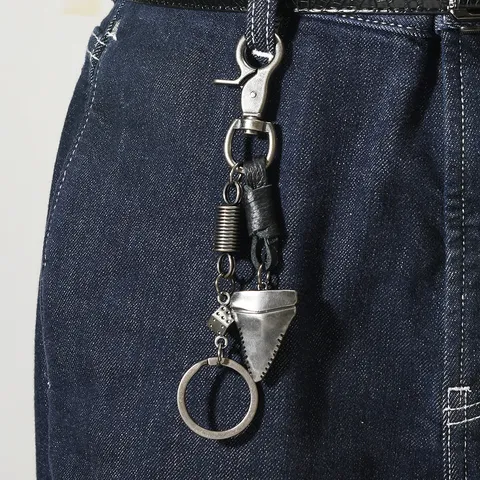 Retro Metal Jeans Chain Keychain For Men Hip Hop Punk Leather Key Ring Shark Tooth Dice Pendant Waist Chain Accessory