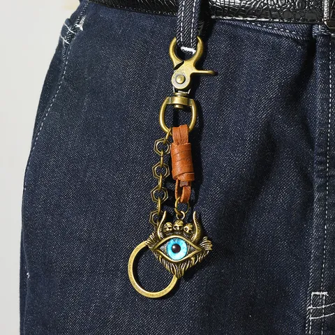 Retro Punk Metal Keychain Cowhide Leather Waist Chain Charm Evil Eye Skull Pendant Key Ring For Men Waist Decorative Accessories