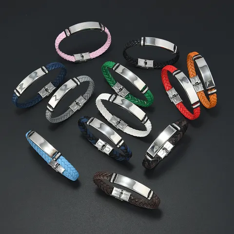 Minimalist Men Unisex Braided PU Leather Bracelet Stainless Steel Id Bar Plate Geometric Hand Bangle Wrap Wristband Cuff Jewelry Gift