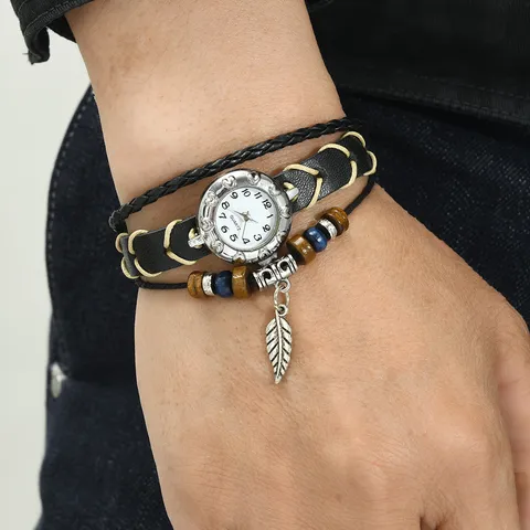 Bohemian Vintage Cowhide Bracelet Watch For Women Ethnic Multilayer Woven Leather Strap With Feather Pendant Wooden Beads Quartz Watch