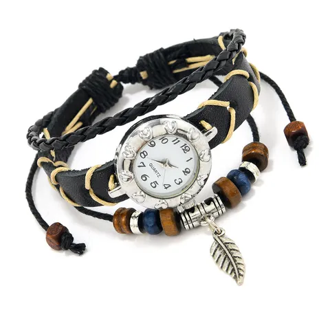 Bohemian Vintage Cowhide Bracelet Watch For Women Ethnic Multilayer Woven Leather Strap With Feather Pendant Wooden Beads Quartz Watch