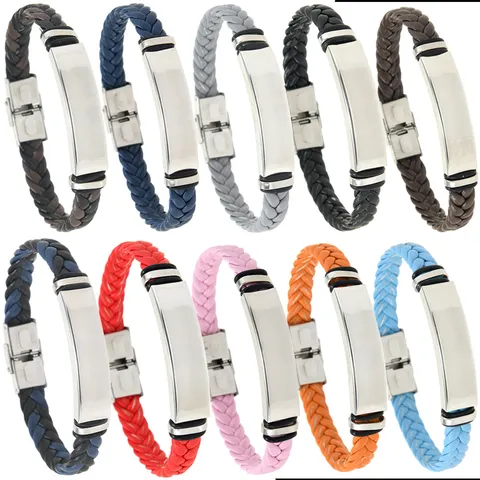 Minimalist Men Unisex Braided PU Leather Bracelet Stainless Steel Id Bar Plate Geometric Hand Bangle Wrap Wristband Cuff Jewelry Gift