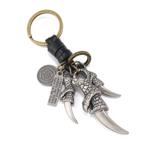 Retro Alloy Eagle Claw Keychain With Braided Cowhide Rope Personalized Men Metal Key Ring Gothic Punk Jewelry Accessory Gift