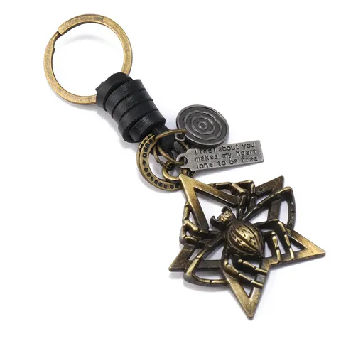 Retro Punk Spider Star Keychain Woven Cowhide Leather Cord Key Ring Gothic Metal Pendant For Car Bags Men Women Accessories