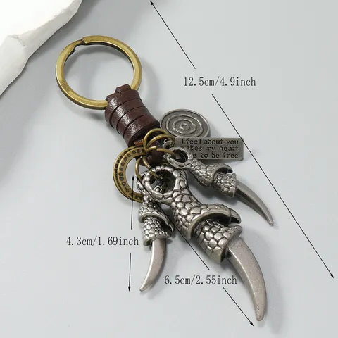 Retro Alloy Eagle Claw Keychain With Braided Cowhide Rope Personalized Men Metal Key Ring Gothic Punk Jewelry Accessory Gift