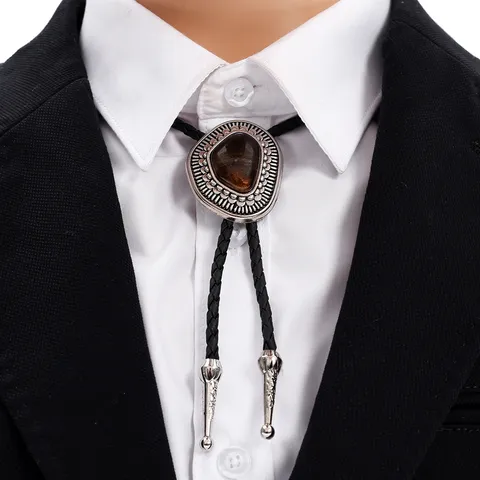Vintage Western Cowboy Bolo-Krawatte Retro Legierung Tigerauge Geflochtene Lederschnur Herren Hemdzubehör Schmuck