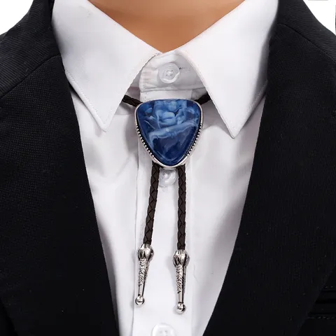 Western Vintage Herren Bolo-Krawatte Blaumarmorstein Anhänger Geflochtene PU-Lederkordel Retro Cowboy Hemd Kette Zubehör