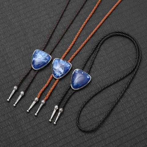 Western Vintage Herren Bolo-Krawatte Blaumarmorstein Anhänger Geflochtene PU-Lederkordel Retro Cowboy Hemd Kette Zubehör