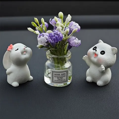 Mini Florero de Vidrio Adorno de Coche Lindo Figurine de Animal de Resina Planta Artificial Decoración de Consola