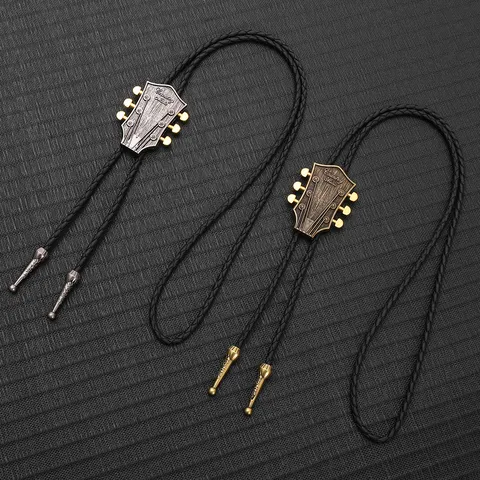Retro Kreative Gitarre Kopf Bolo-Krawatte Halskette Western-Cowboy-Stil Kunstleder Seil Krawatte Musik Thema Schmuck Geschenk Für Herren Damen