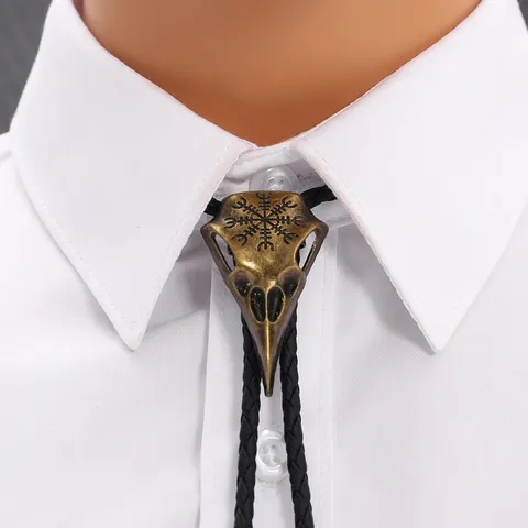 Vintage Bird Skull Bolo Tie For Men Women Viking Vegvisir Compass Alloy Pendant PU Leather Braided Rope Necktie Jewelry
