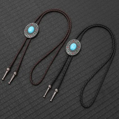 Vintage Westerse Cowboy Bolo Tie Turkoois Legering Hanger Gevlochten PU Leren Koord Ketting Voor Heren Dames