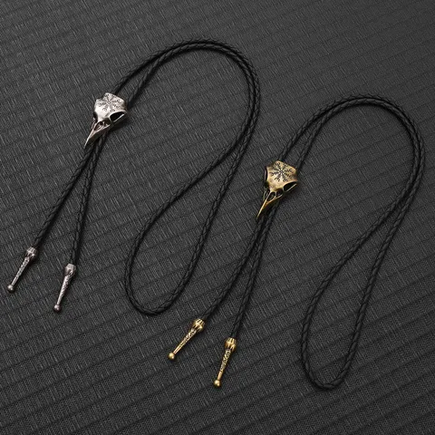 Vintage Bird Skull Bolo Tie For Men Women Viking Vegvisir Compass Alloy Pendant PU Leather Braided Rope Necktie Jewelry