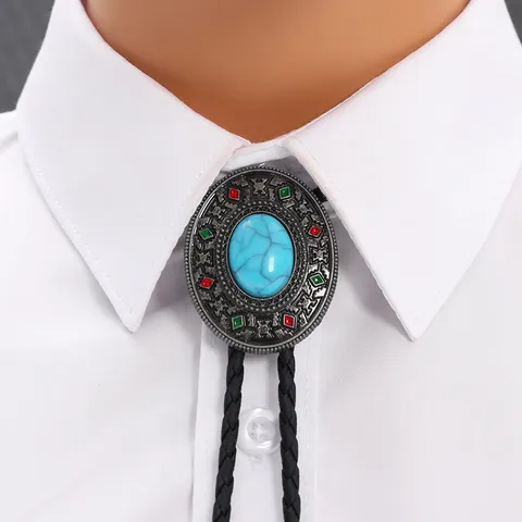 Vintage Westerse Cowboy Bolo Tie Turkoois Legering Hanger Gevlochten PU Leren Koord Ketting Voor Heren Dames