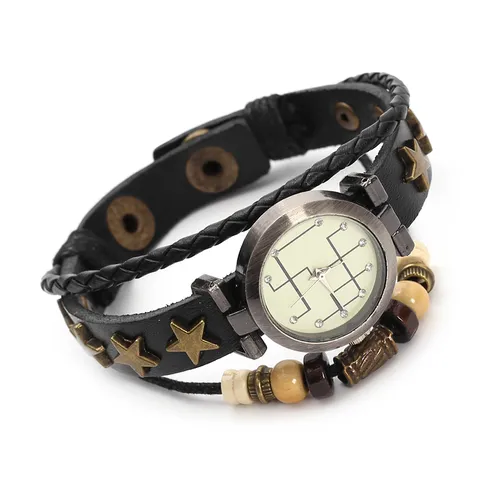 Vintage Multi-Layer Cowhide Bracelet Watch Adjustable Woven Punk Star Rivet Beaded Quartz Wristwatch Fashion Jewelry Gift