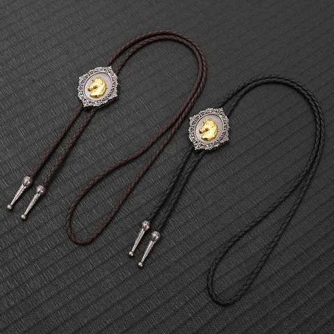 Western Cowboy Bolo Tie Vintage Horse Head Alloy Pendant Handmade Braided Artificial Leather Rope Necklace For Men Women
