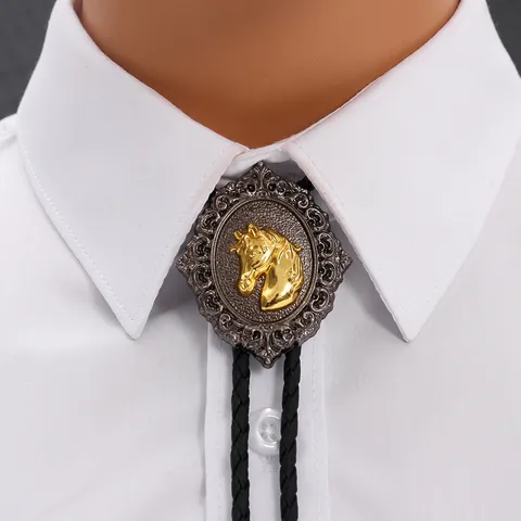 Western Cowboy Bolo Tie Vintage Horse Head Alloy Pendant Handmade Braided Artificial Leather Rope Necklace For Men Women