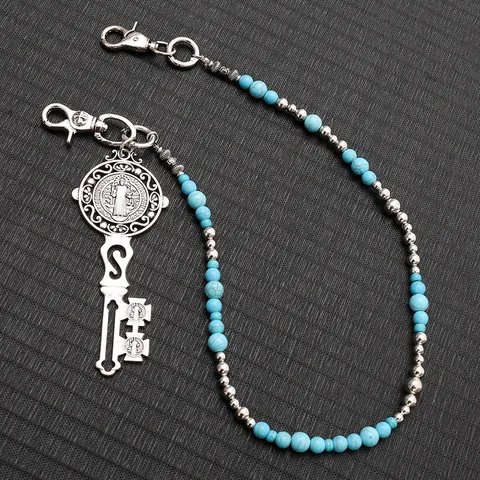 Hip Hop Punk Perlen Taillenkette Für Herren Damen Legierung Blaue Stein Jeans Hose Kette Mit Schlüsselanhänger Religiöse Dunkle Accessoire