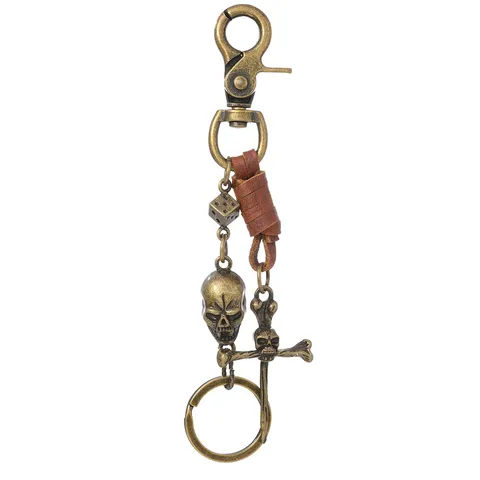 Retro Punk Metal Skull Keychain Cowhide Leather Waist Chain Pendant Gothic Dice Crossbones Key Ring For Men Jeans Accessories