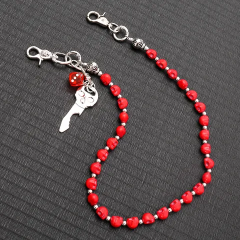 Punk Hip Hop Red Skull Waist Chain Men Women Metal Trouser Chain With Dice Pendant Gothic Skull Key Wallet Chain Accessory