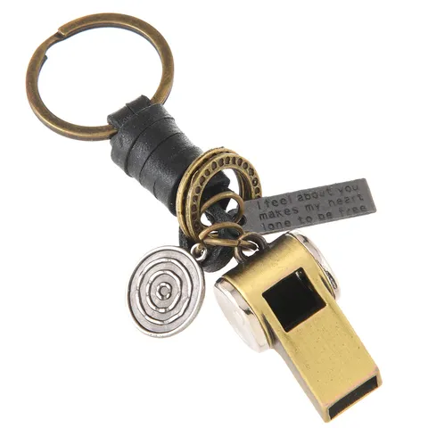 Retro Metal Whistle Leather Woven Keychain Braided Cowhide Key Ring Pendant Creative Personalized Car Key Chain Gift For Men Women