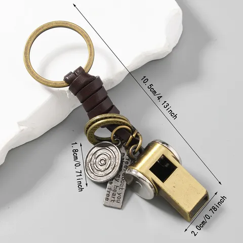 Retro Metal Whistle Leather Woven Keychain Braided Cowhide Key Ring Pendant Creative Personalized Car Key Chain Gift For Men Women