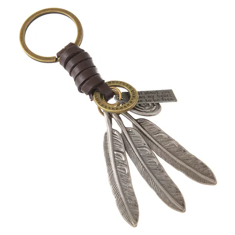 Vintage Hand Woven Cowhide Leather Feather Keychain Bohemian Alloy Key Ring Pendant With Inspirational Plate For Unisex Gift