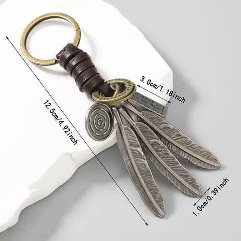 Vintage Hand Woven Cowhide Leather Feather Keychain Bohemian Alloy Key Ring Pendant With Inspirational Plate For Unisex Gift
