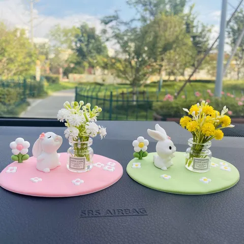 Mignon Lapin Chat Voiture Console Centrale Ornement Résine Figurine Vase en Verre Fleur Artificielle Décoration Intérieure de Bureau