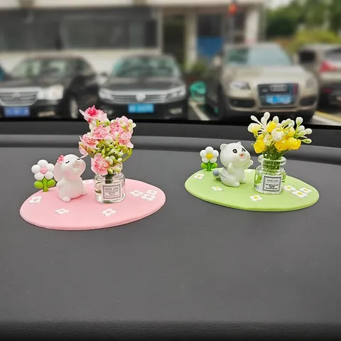 Mignon Lapin Chat Voiture Console Centrale Ornement Résine Figurine Vase en Verre Fleur Artificielle Décoration Intérieure de Bureau