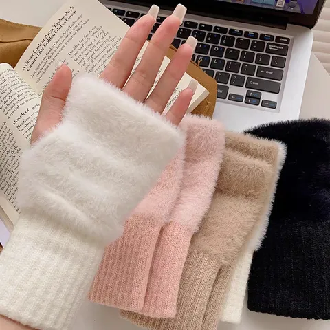 Damen Winter Warm Knitted Half Finger Handschuhe Acryl Fleece Patchwork Fingerless Handwärmer Büro
