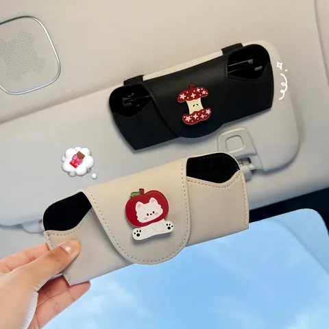 Estuche para Gafas de Visera Solar de Coche Cuero PU Lindo Perro de Dibujos Animados Manzana Soporte de Almacenamiento Organizador Accesorios Interiores de Coche