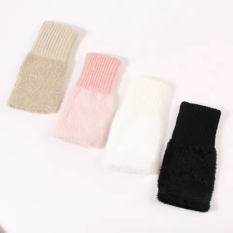 Damen Winter Warm Knitted Half Finger Handschuhe Acryl Fleece Patchwork Fingerless Handwärmer Büro