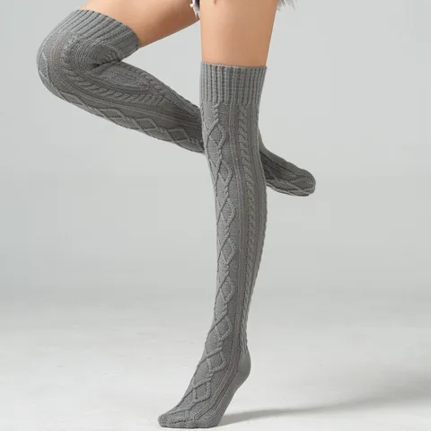Women's Thermal Cable Knit Over The Knee Stirrup Leg Warmers Solid Color Winter Long Socks Home Floor Stockings