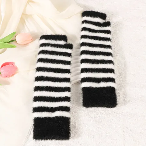 Women Knitted Striped Arm Warmers Long Half Finger Gloves Winter Warm Thermal Sleeves Polyester Fashion Accessories