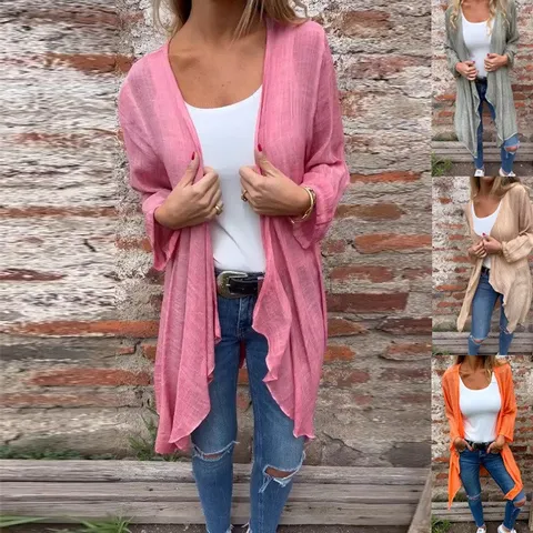 Γυναικείο Casual Μακρυμάνικο Μονόχρωμο Ανοιχτό Μπροστά Cardigan Ελαφρύ Βαμβακερό Λινό Μακρύ Παλτό Εξωτερικά Ρούχα