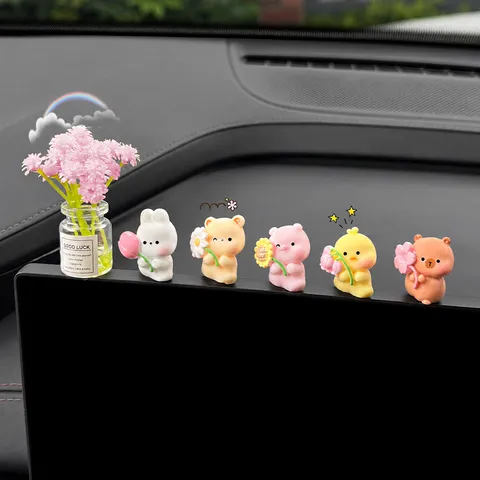 Simpatici Ornamenti per Cruscotto Auto in Resina Animale Cartone Animato Guarigione Piccoli Animali Bouquet Con Bottiglia di Fiori Mini Decorazioni per Interni Auto