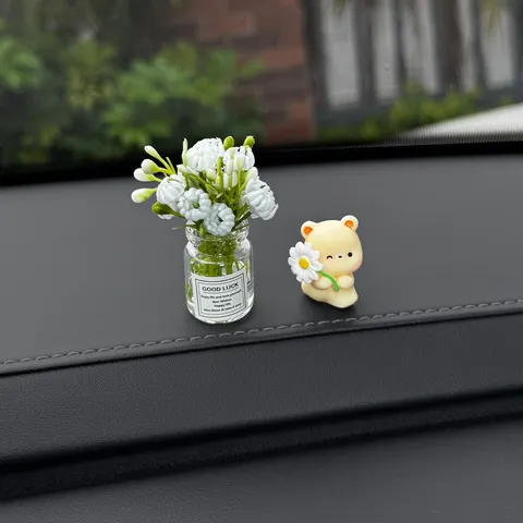 Cute Resin Cartoon Animal Car Dashboard Ornaments Healing Small Animals Bouquet With Mini Flower Bottle Auto Interior Decor
