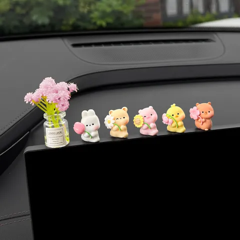 Cute Resin Cartoon Animal Car Dashboard Ornaments Healing Small Animals Bouquet With Mini Flower Bottle Auto Interior Decor