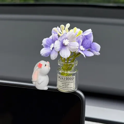 Süßes Kaninchen Auto Armaturenbrett Ornament Simulierte Hortensie Blume Vase Harz Tier Figur Auto Innen Dekor Zubehör