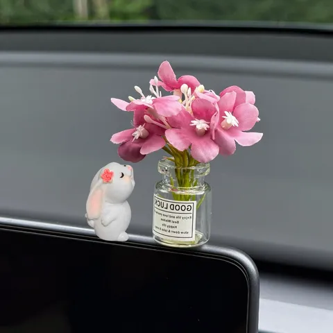 Süßes Kaninchen Auto Armaturenbrett Ornament Simulierte Hortensie Blume Vase Harz Tier Figur Auto Innen Dekor Zubehör