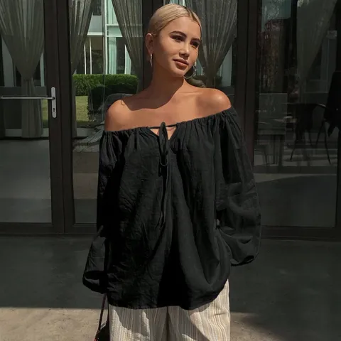 Γυναικείο Casual Off Shoulder Monochromo Makry Maniki Blouza Charali Grammi Kordoni Top