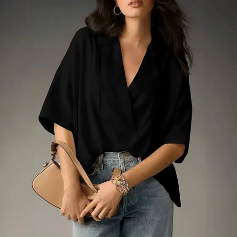 Γυναικείο Casual Μονόχρωμο Bluse με Πέτο Drop Shoulder Κοντό Μανίκι Χαλαρό Κομψό Καλοκαιρινό Πουκάμισο