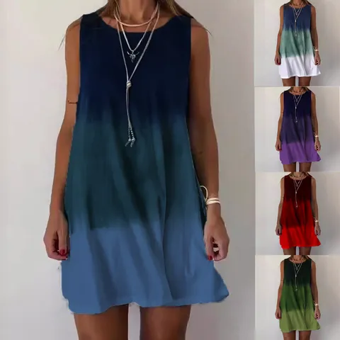 Γυναικείο Casual Midi Φόρεμα από Μείγμα Πολυεστέρα με Nτεγκραντέ Στρογγυλή Λαιμόκοψη Αμάνικο